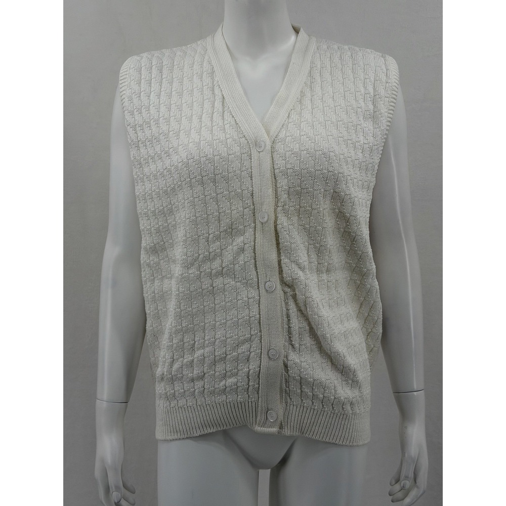 Isle of Cotton Sweater Vest Womens Large Cream Button Up Knit Grandma Cottage